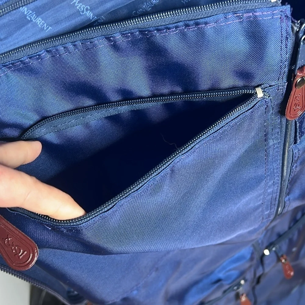 YSL Yves Saint Laurent 1970’s Blue Nylon Logo Folding Zip Around Garment Bag